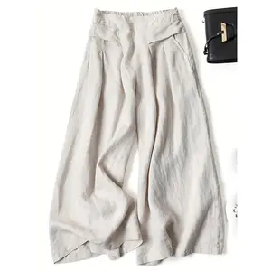 Linen wide-leg cropped pants, breathable thin loose linen culottes, ethnic style vintage trousers
