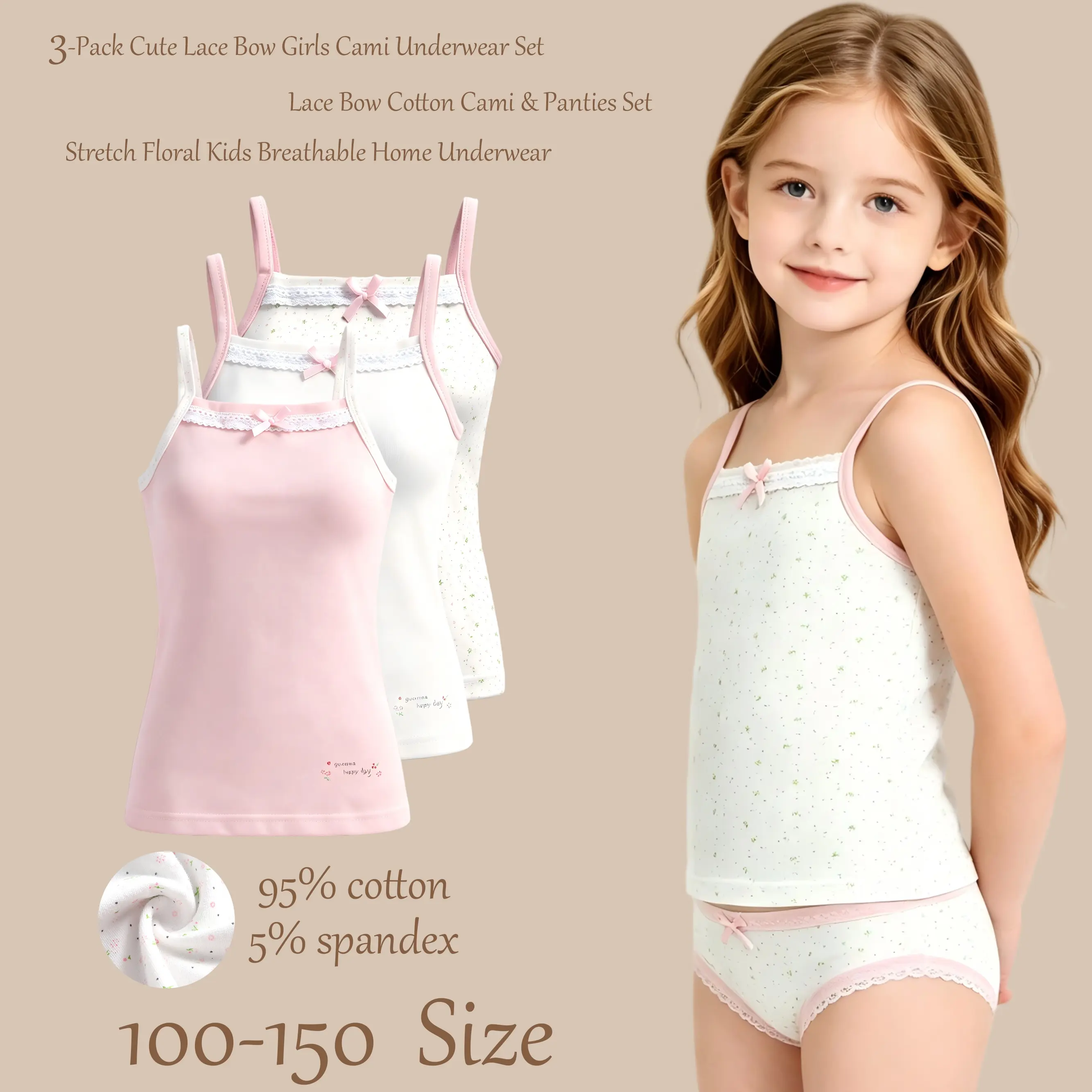Girls' 3-Pack 95% Cotton Matching Cami & Panties Set - Gentle Lace Edges, Lace Bow, Ditsy Floral Spandex Kids' Sleep Loungewear, Elastic Waist, Youth Underwear, Sizes 100-150