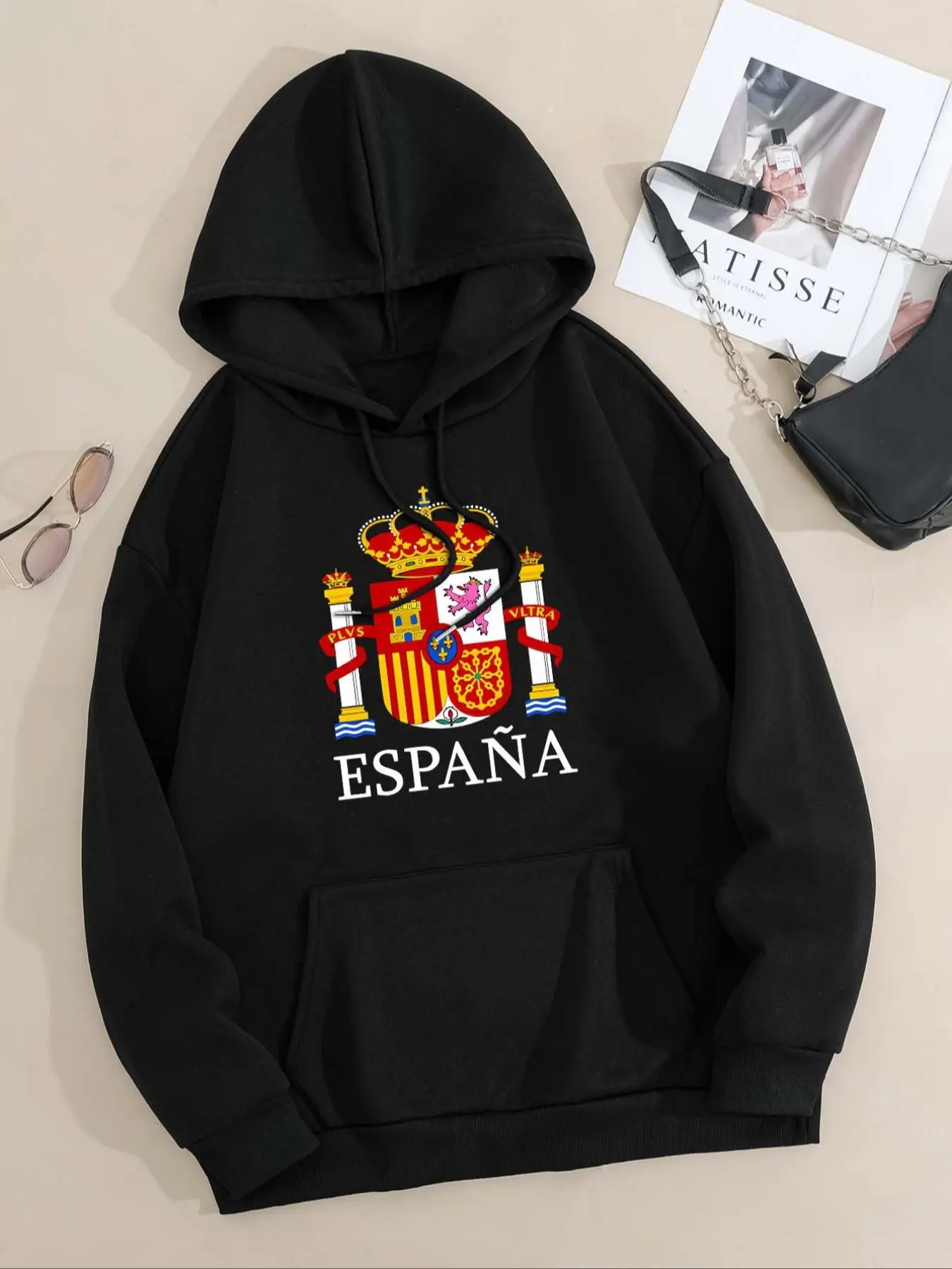 Women's Spain Flag Print Drawstring Pocket Hoodie, Casual Long Sleeve Hooded Sweatshirt for Fall & Winter, Women's Clothes for Daily Wear