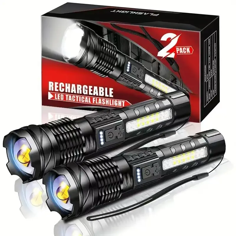 Rechargeable Battery-Powered LED Flashlight - 7 Modes, IPX6 Waterproof, Robust Handheld Torch, COB Side Lights, Ideal for Emergency, Hiking, Outdoor Use