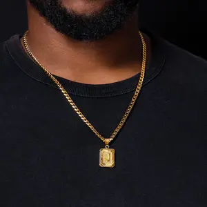 18K Gold Plated Initial Letter Pendant Necklace for Men & Women, Square Capital A-Z, 5mm 18/20/22/24/26 Inch Cuban Chain