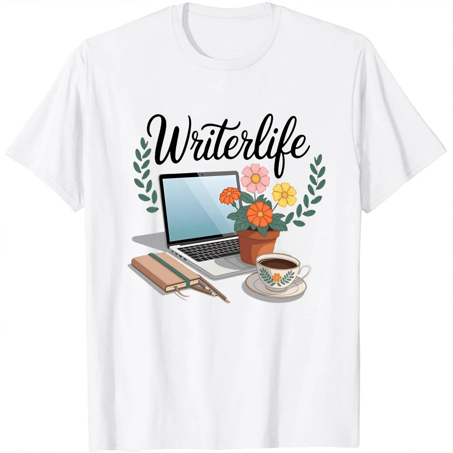 Men Short sleeve T shirts Literary Graphic Writer Life Relaxed Fit Laptop Book Floral Coffee Cup Writer Life Lettering All Season Comfort for Writers Book Lovers