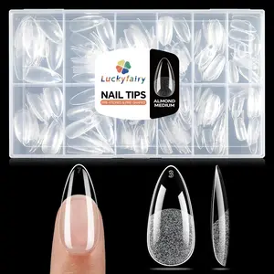 Almond Fake Nails, Medium Almond Nail Tips, 240pcs Soft Gel Pre-Filed Acrylic, Half Matte Full Cover Clear Press on Flase Nail Tips for Nail Extension Home DIY 12 Sizes Gelly Tips