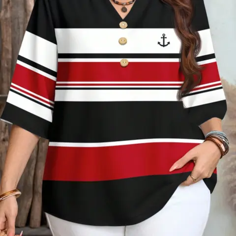 Plus Size Women's Striped Loose Fit Baggy Button-Up Shirt Blouse – Casual Spring Summer Fall Top for Daily & Vacation Wear Loose Tops