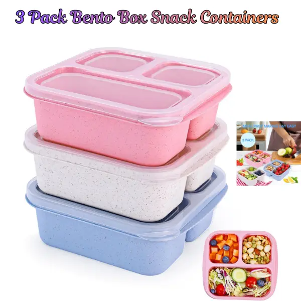3 Pack Modern BPA-Free 1-Layer 15oz 3-Compartment Bento Boxes, Reusable Dishwasher-Safe Environmentally Friendly Tableware Lunch Containers for Kids, Back to School Haul & Travel Kitchenware