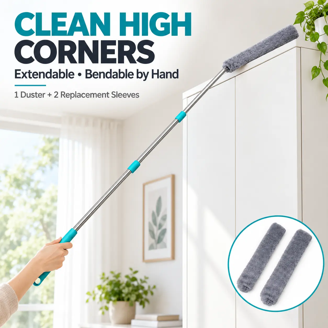 Extendable Under Appliance Duster, 65" Ultra-Slim Microfiber Gap Cleaner with Telescopic Long Handle & 2 Washable Sleeves, Under Bed Couch Refrigerator Furniture Cleaning Tool