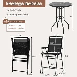 COSTWAY - 3 Pieces Outdoor Bar Stool Set with DPC Tabletop and Umbrella Hole for Poolside-Black