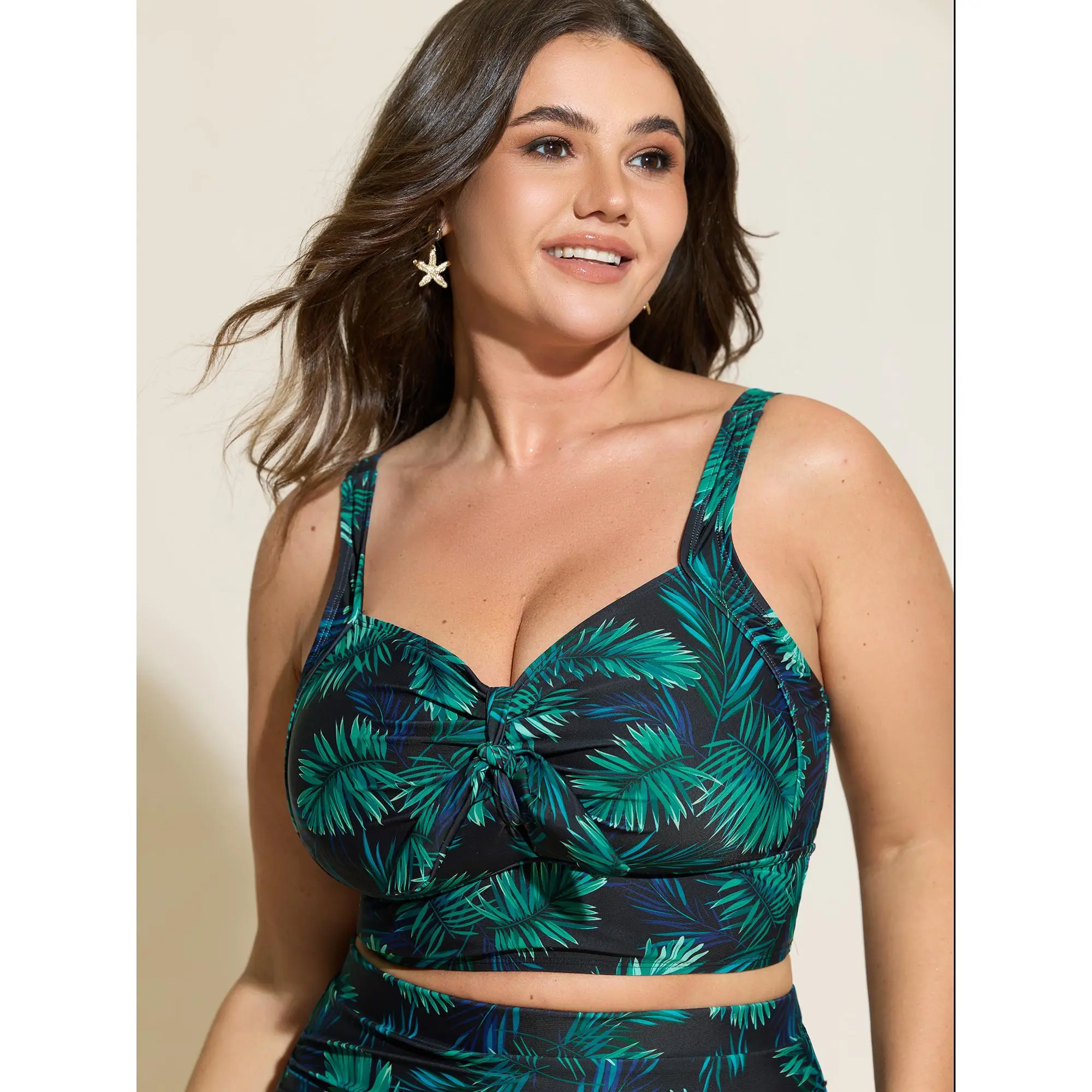 BLOOMCHIC Women's Plus Size Self Tie Bikini Swimsuit Top [M-6X],High Stretch Tropical Print Knotted Front,Tankini (Only Top),Summerfinds