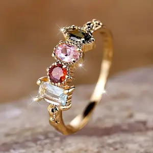 Exquisite Ladies Ring Inlaid Multicolor Synthetic Gemstone For Women Party Banquet Jewelry Daily Casual Accessories Hypoallergenic