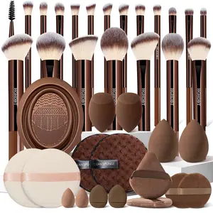 Professional 37-Piece Brown Makeup Tool Set, Complete Kit with Premium Synthetic Brushes, Large and Mini Beauty Sponges, Triangle puffs, Mini Makeup Puffs, Round Puffs, Makeup Remover Sponges, and Brush Cleaning Tool, Perfect for Gifting