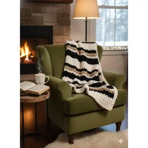 Summit Contrast Hand Knit Chunky Blanket | Black, Cream & Camel Striped Throw