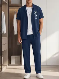 Men's Summer American Vacation Style Blue Print Set, Cuban Collar Short Sleeve Shirt & Straight Long Pants, Lightweight Breathable Fabric