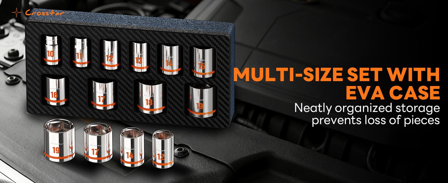 Crosstar 10pcs 3/8" Drive thin wall Shallow Socket Set, Low Profile Stubby Socket Set with EVA foam, 6-Point Mechanic Metric Socket Sets in 10mm-19mm for tight space,use with ratchet wrenches