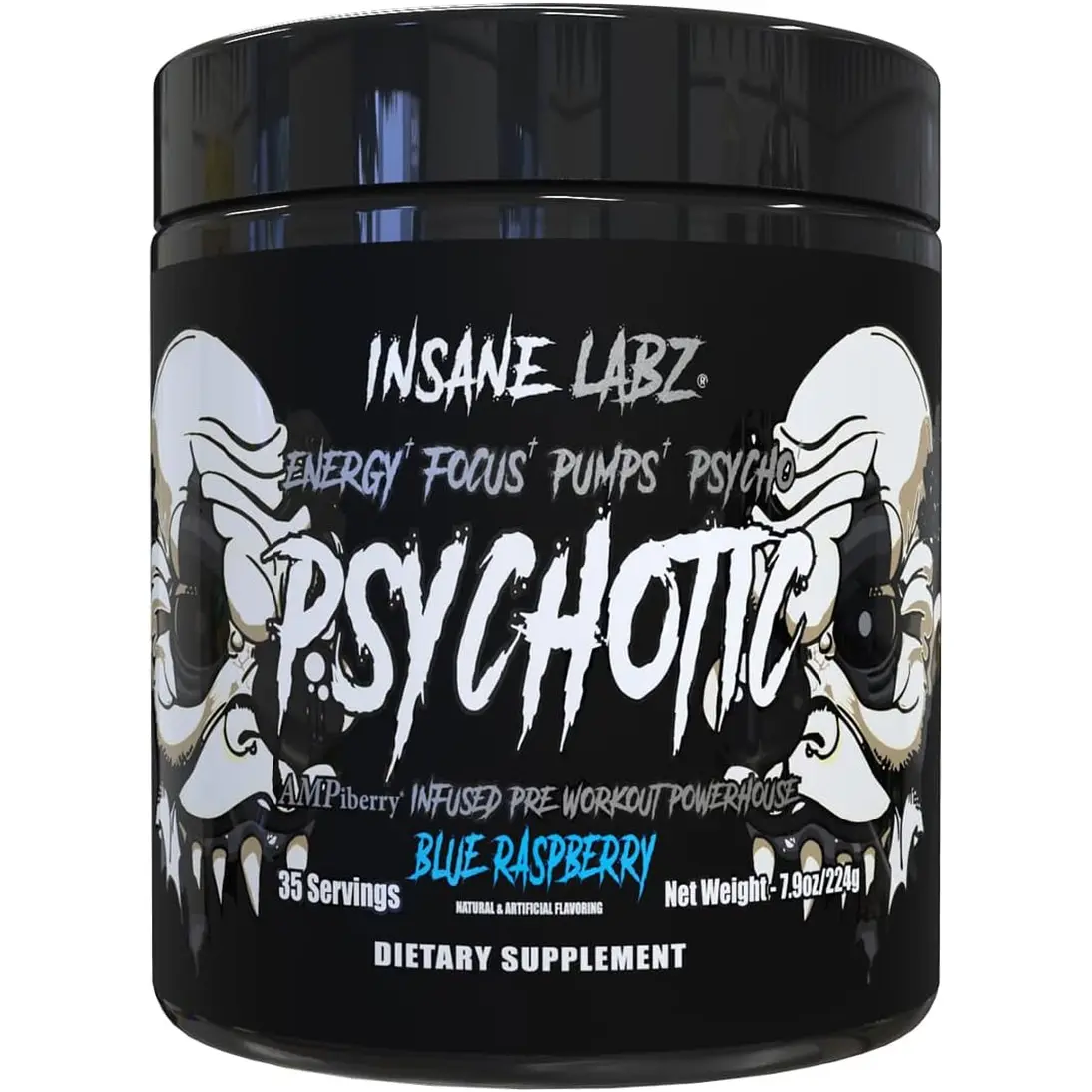 Insane Labz Psychotic Black Edition Mid Stimulant Pre Workout Powder, Energy Focus Pumps, Loaded with Creatine Beta Alanine Taurine Fueled by Ampiberry, 35 Servings (Blue Raspberry)
