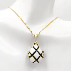 Openable Hot Egg-Shaped Pendant with Checkerboard Pattern and Tassels Copper-Gilded Enamel Necklace