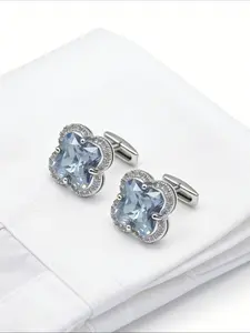 Zk18 Light Blue Four-Leaf Clover Zircon Business Cufflinks, Elegant Office Accessories, Perfect Gift for Professionals