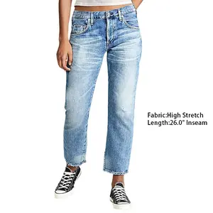 Flamingals Wash Raw Hem High Rise Straight Leg Crop Jeans Women's Fashion Casual Chic Comfort Pants