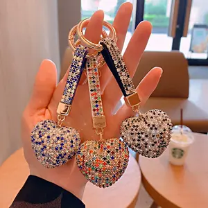 Cute Cartoon Key Button Diamond Claw Chain Heart Keychain Diamond-Embedded Peach Heart Key Chain Car Key Pendant