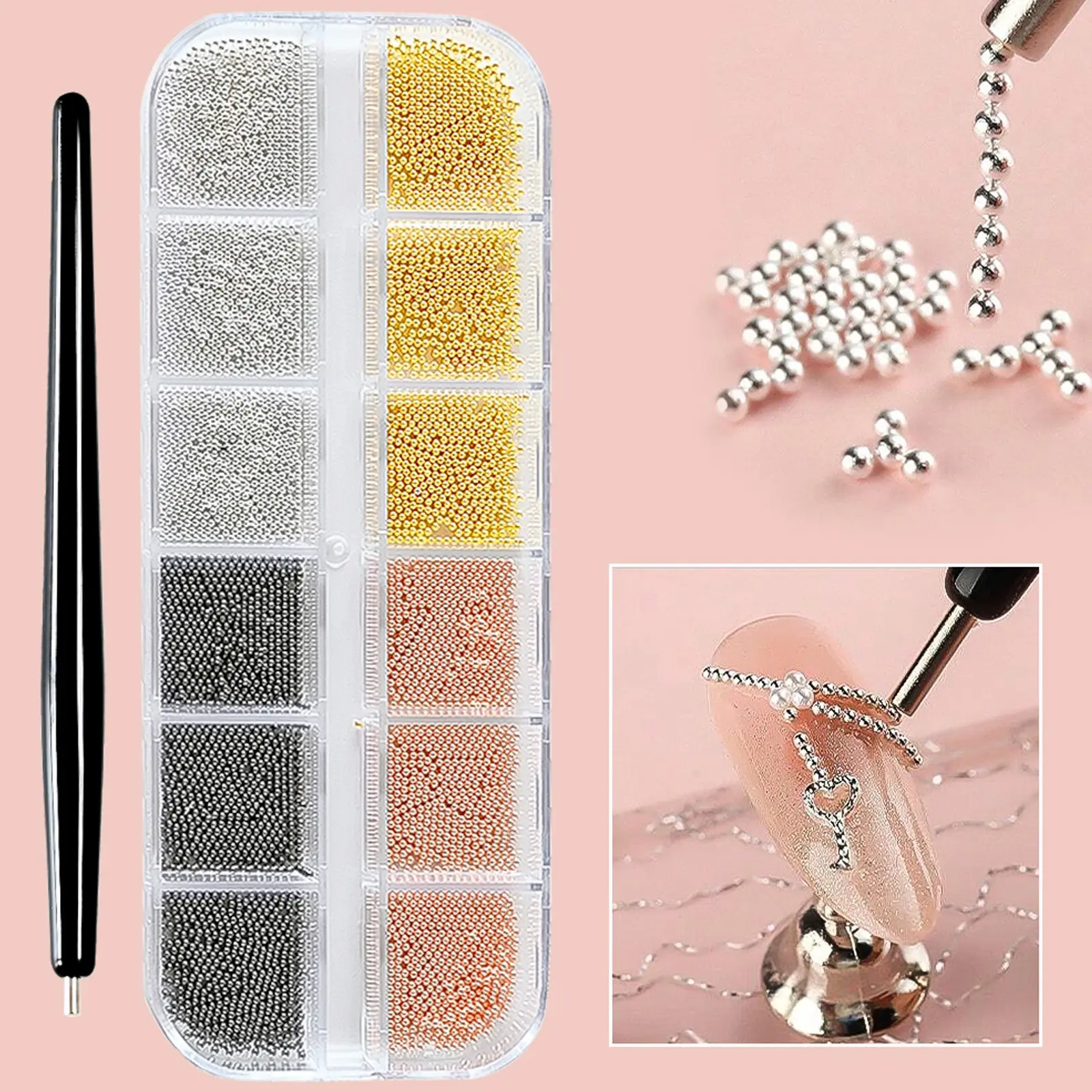 Nail Beads With Magnet Picker Tool 12Grids Gold Silver Caviar Beads Metal Nail Charms Gems, Bling Rhinestone, Mixed-Sizes Steel Balls Nail Art Decoration Manicure DIY Supplies Crystal Decoration, Nail Art Set Nail Art Tools