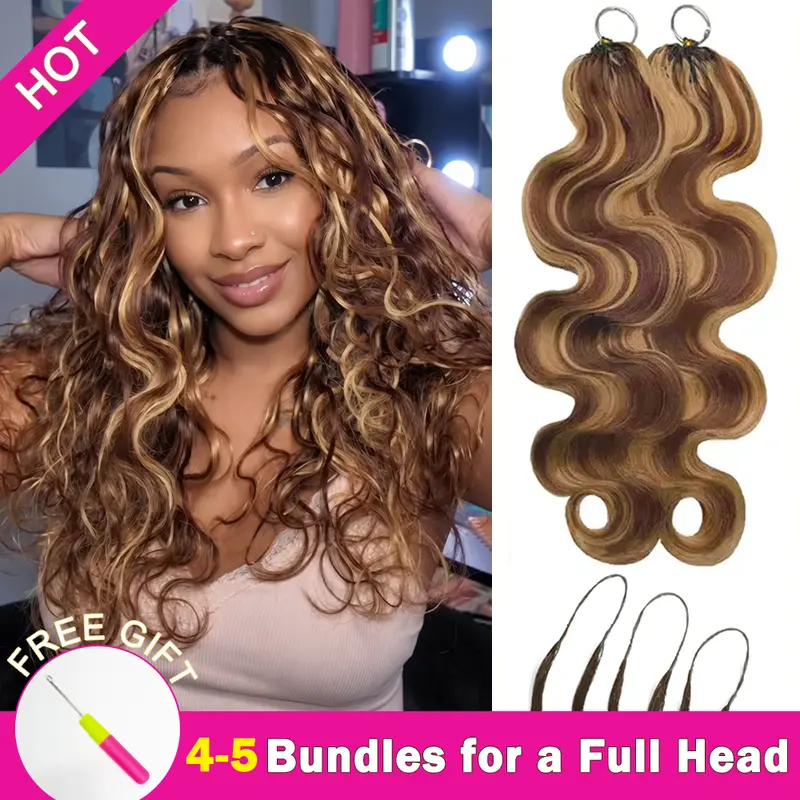 【New Color】Asakiss Highlight Blend Reusable Human Hair Crochet Strand Set, Body Wave Honey Blonde with #4 Chocolate Brown Miracle Knots Knotless Pre-Separated, 50g 40 Strands, Time-Saving, 4-5 Packs for Full Head Summer Protective Style, Human Hair Set, M