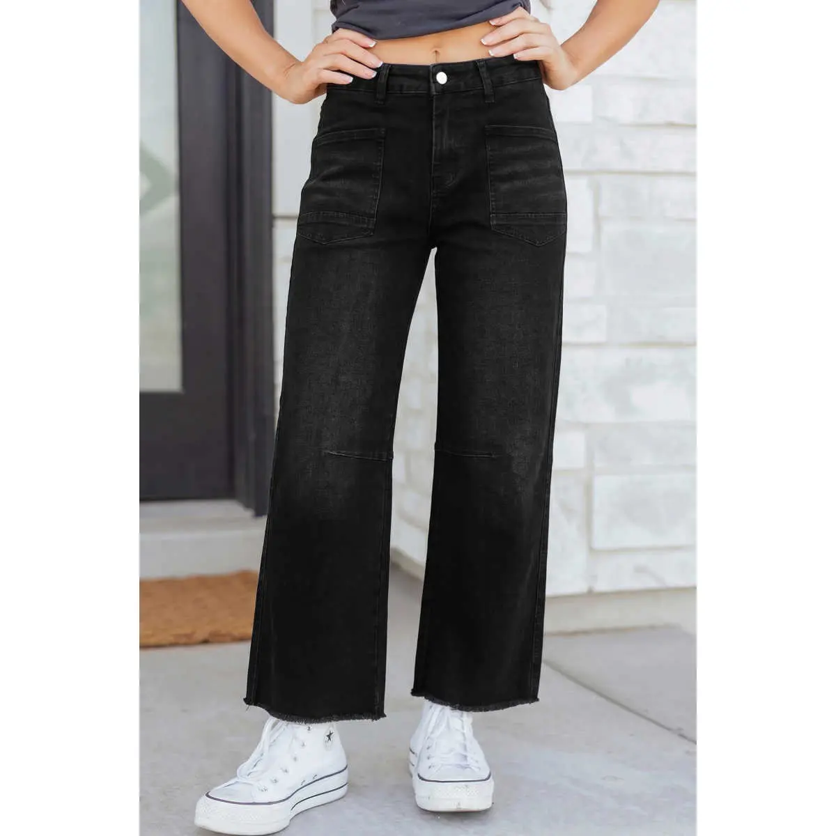 Black Frayed Cropped Straight Jeans