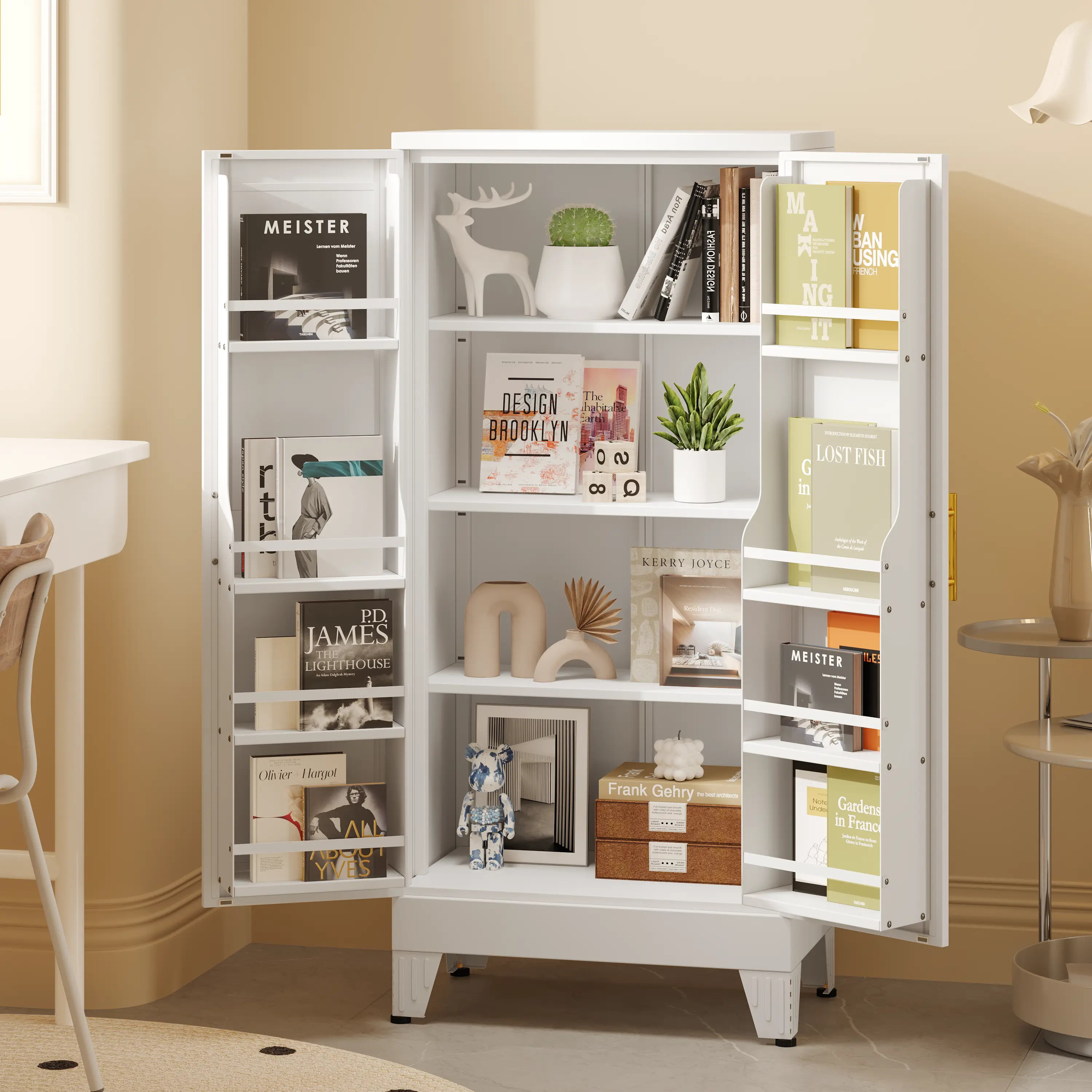 47 Inch White Metal Kitchen Pantry Cabinet, Multi-layer Storage Cabinet with 3 Adjustable Shelves & 8 Door Storage Shelves, Freestanding Buffet Sideboard Organizer for Kitchen Living Room