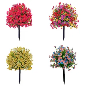 4 Types of Ground Insert Violet Eucalyptus Artificial Flowers, UV-Resistant Plastic with Stake, Garden Patio Seasonal Decor, Spring/summer Outdoor Use