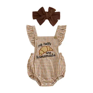 Baby Girl Thanksgiving Outfit Letter Bread Embroidery Plaid Flying Sleeve Romper with Headband 2 Pcs Set Bodysuit