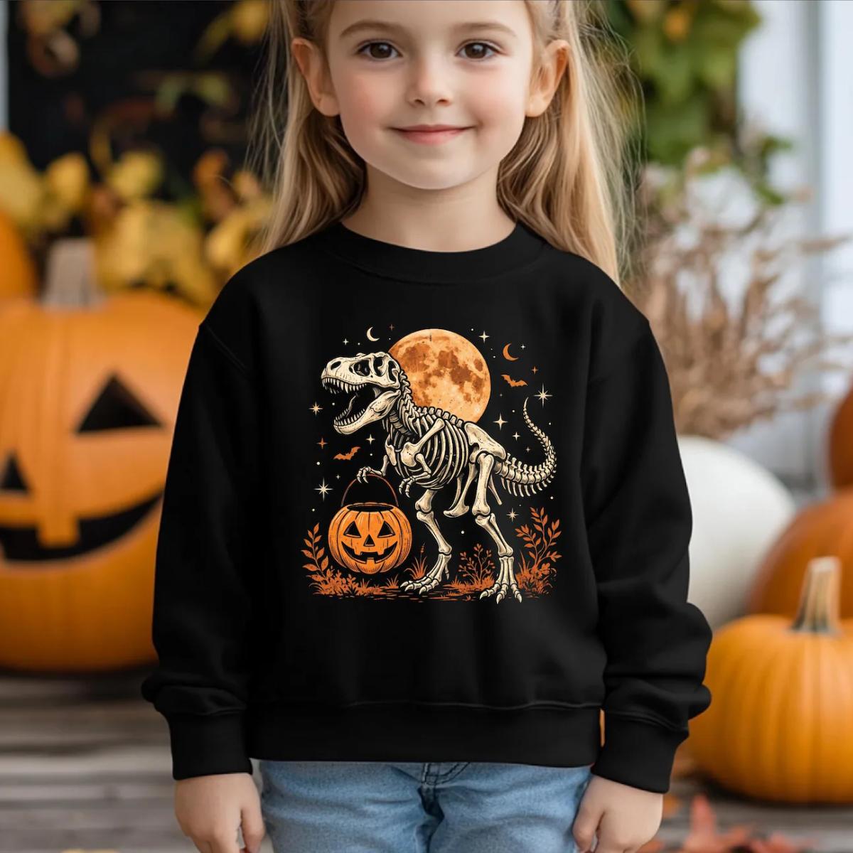 Dinosaur Halloween Toodler Sweatshirt, T Rex Skeleton Halloween kids Shirt, Spooky Dino Kids Shirt, Pumpkin Dinosaur Shirt, Trick or Treat Tee