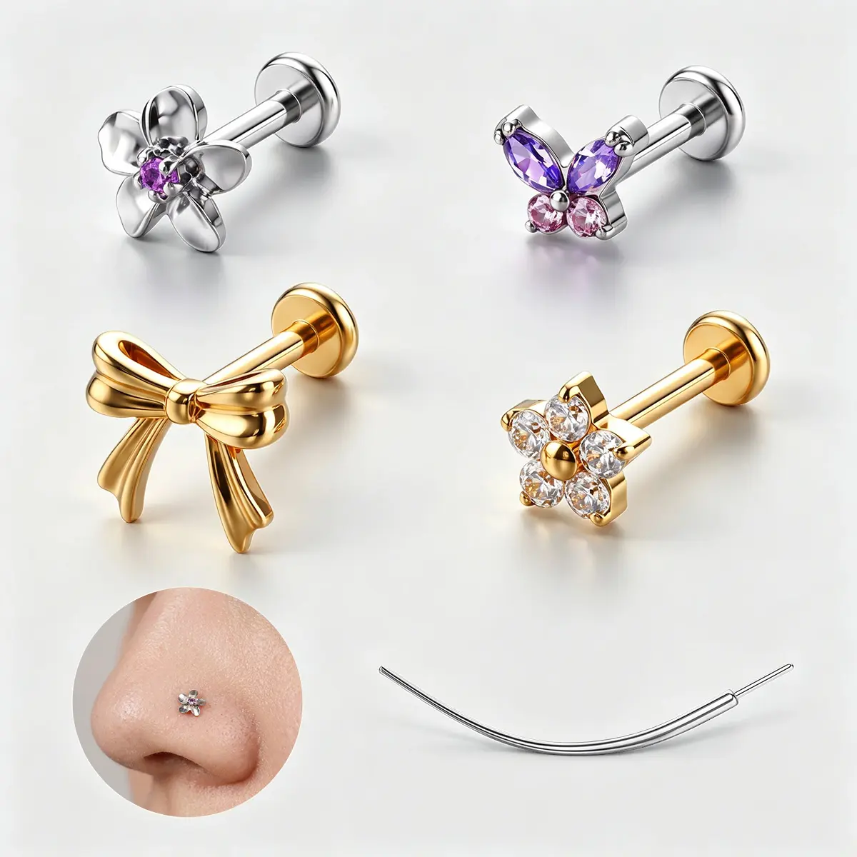 18G Titanium Threadless Flat Back Studs for Nose Helix Tragus Cartilage Lip Piercing, 6mm Push-In Labret Stud Earrings with Curved Guide Pin, 18K Gold PVD