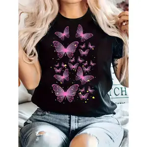 Plus Size Women's Casual T-Shirt - Black with Pink & Purple Geometric Butterfly Print, Stretchy Fabric, Round Neck Short Sleeve Top for Spring Washable Comfortable Casual Attire, Ladies T Shirts, Spring Summer Apparel, Vibrant Pattern Tee,