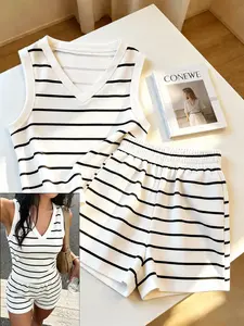 European and American Style Striped V-Neck Tank Top and Shorts Set, Summer Casual Chic Sleeveless Two-Piece, Loose Fit Slimming Home Wear Sports Set