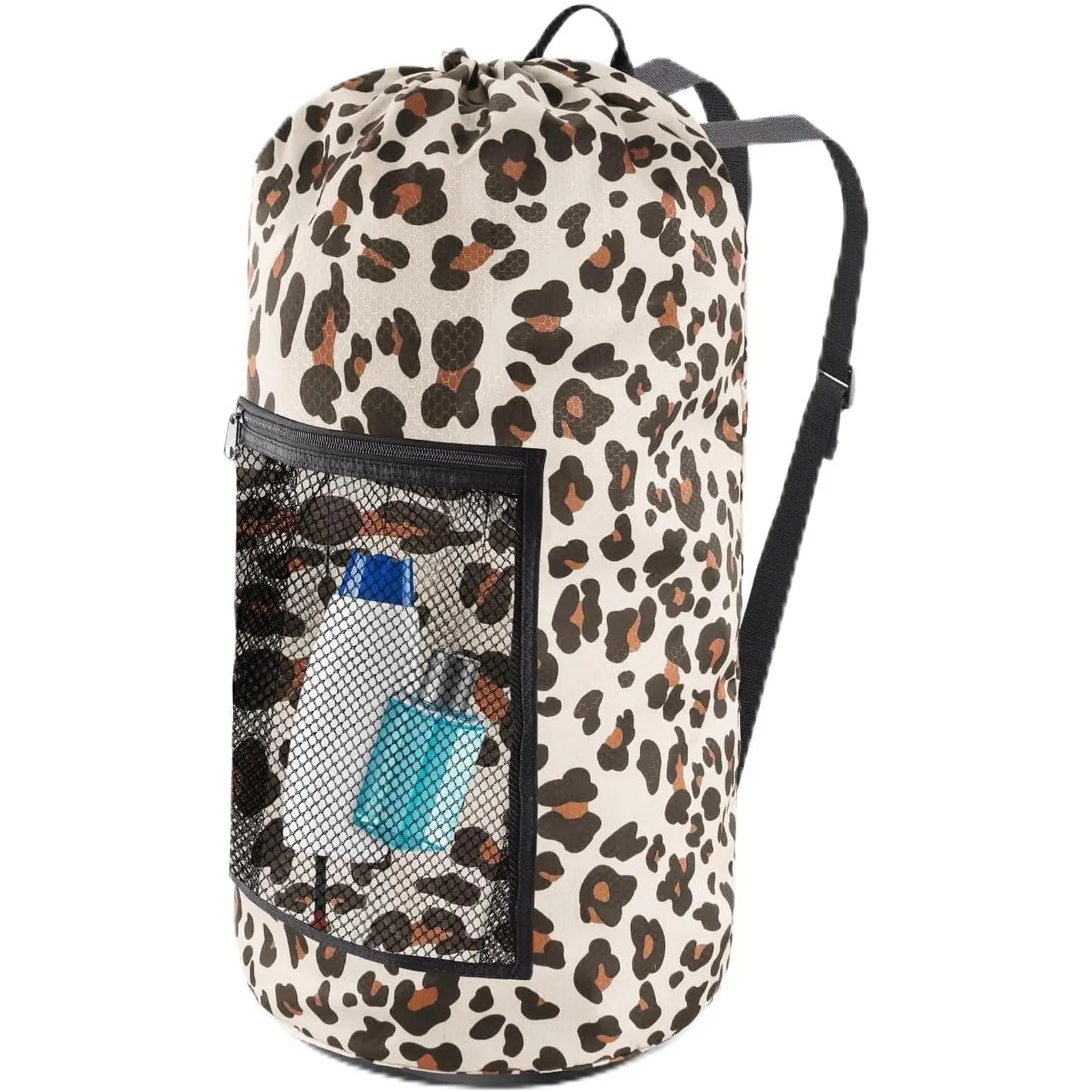 Laundry Bag Backpack, Extra Large Travel Laundry Bag with Mesh Pocket & Adjustable Shoulder Straps,Dirty Clothes Travel Bag for College Students Dorm,Apartment(Leopard Print)