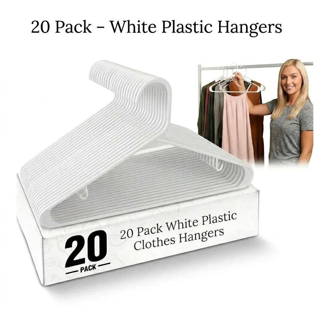 20 Pack Plastic Clothes Hangers – Durable Space Saving Slim White Hangers for Shirts, Dresses & Closet Organization, Lightweight Standard Everyday Clothing Hanger Set