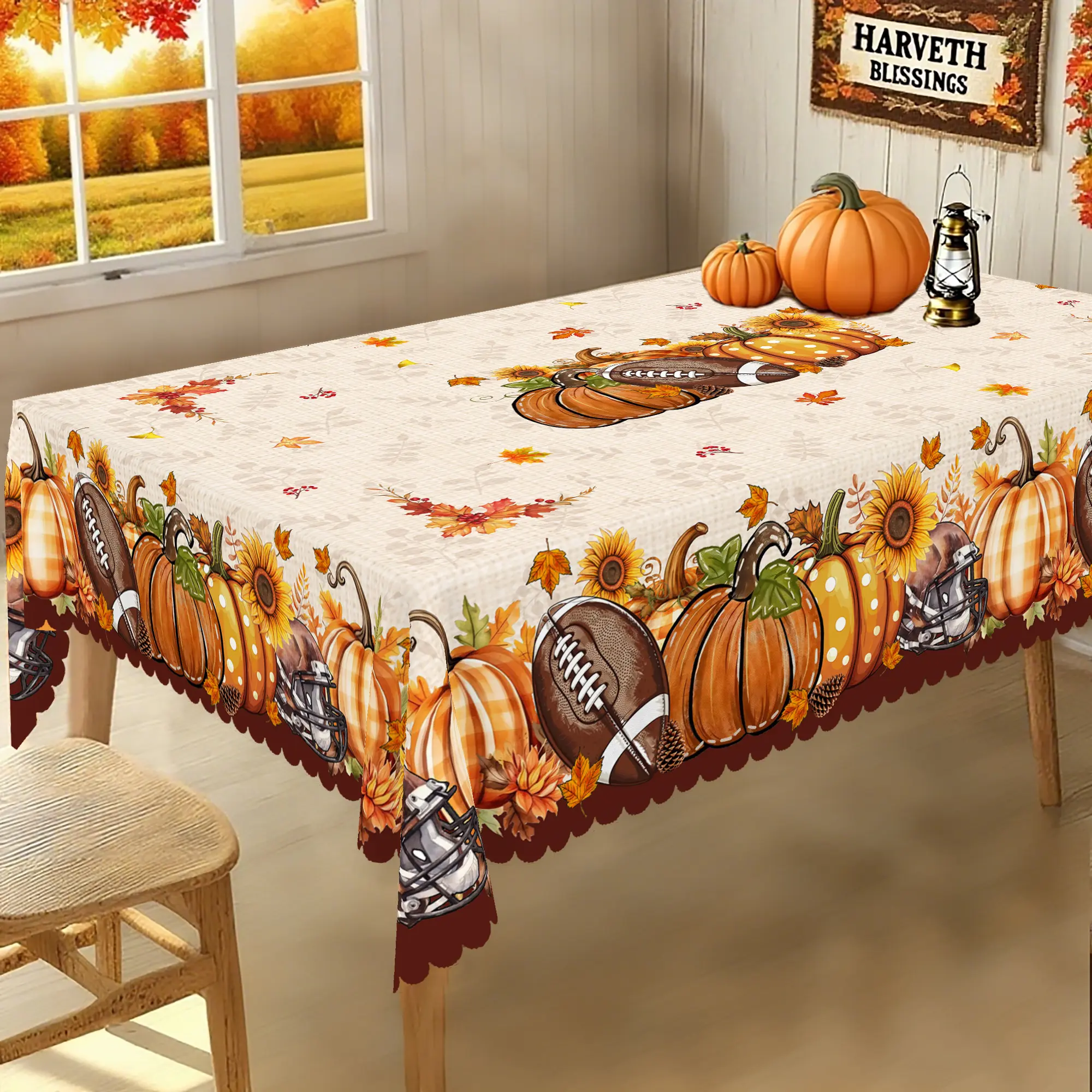 Vintage Fall Tablecloth, With Orange Pumpkins Sunflowers Maple Leaf , Beige Rectangular Round Table Cover, Perfect For Kitchen Dining Daily, Thanksgiving Party Special Eevents Celebrati, Harvest Party Decoration
