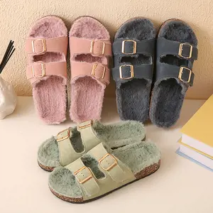Roxoni Women's Open Toe Feather Slipper with Adjustable Double Buckle Cozy Cork Slide Sandal for Summer Casual Home & Outdoor Adventures