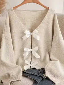 Plus Size Shoulder Cutout Cute Bow Neck Knit Cardigan, Lantern Sleeve Design, Comfortable Soft, Fall/winter Casual Elegance Women's Sweater, Knitwear