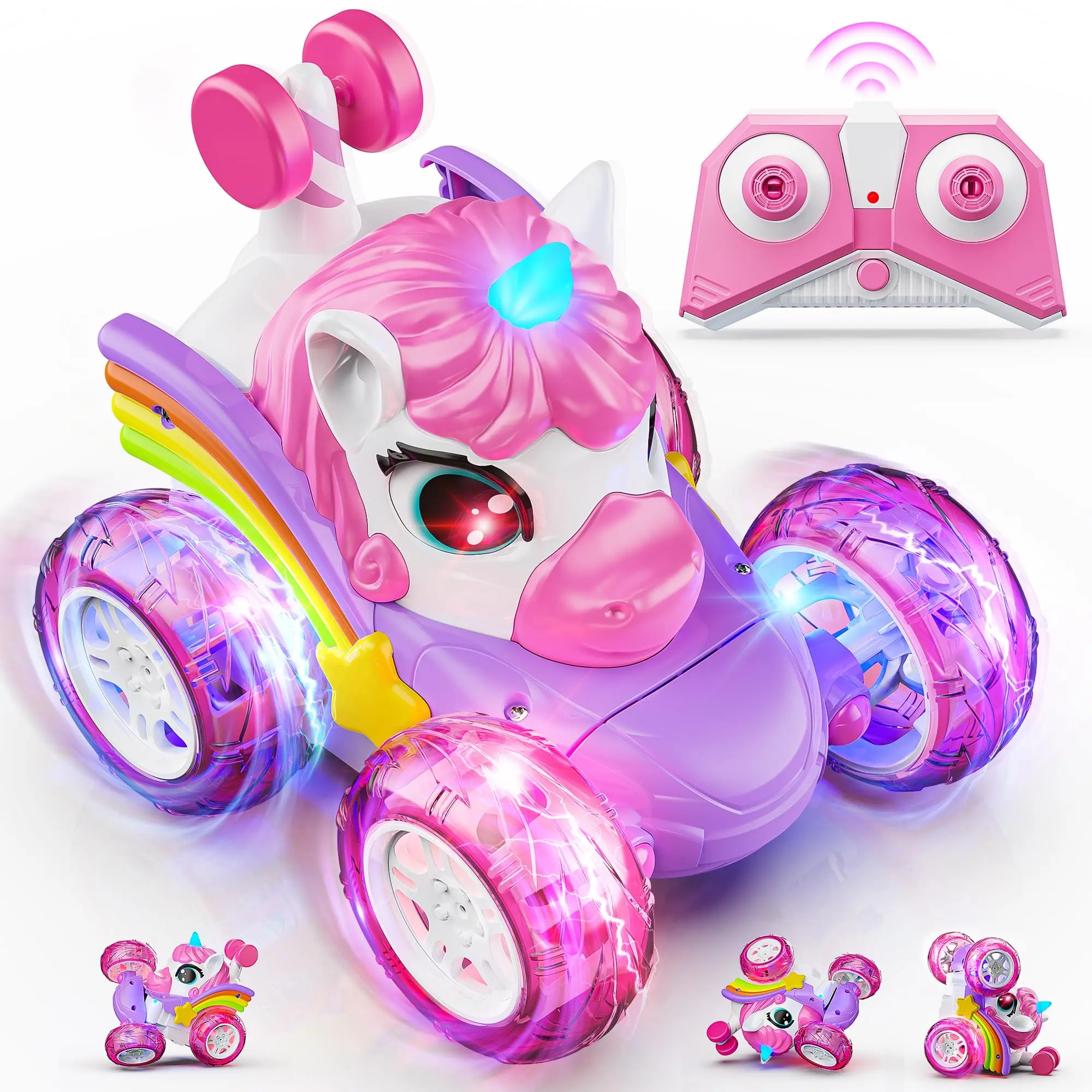 Unicorn Remote Control Stunt Car for Girls, 360° Rotating RC Tumbling Car with Colorful LED Lights, 2.4Ghz USB Rechargeable battery RC Toy Car, Birthday Christmas Gift for Kids
