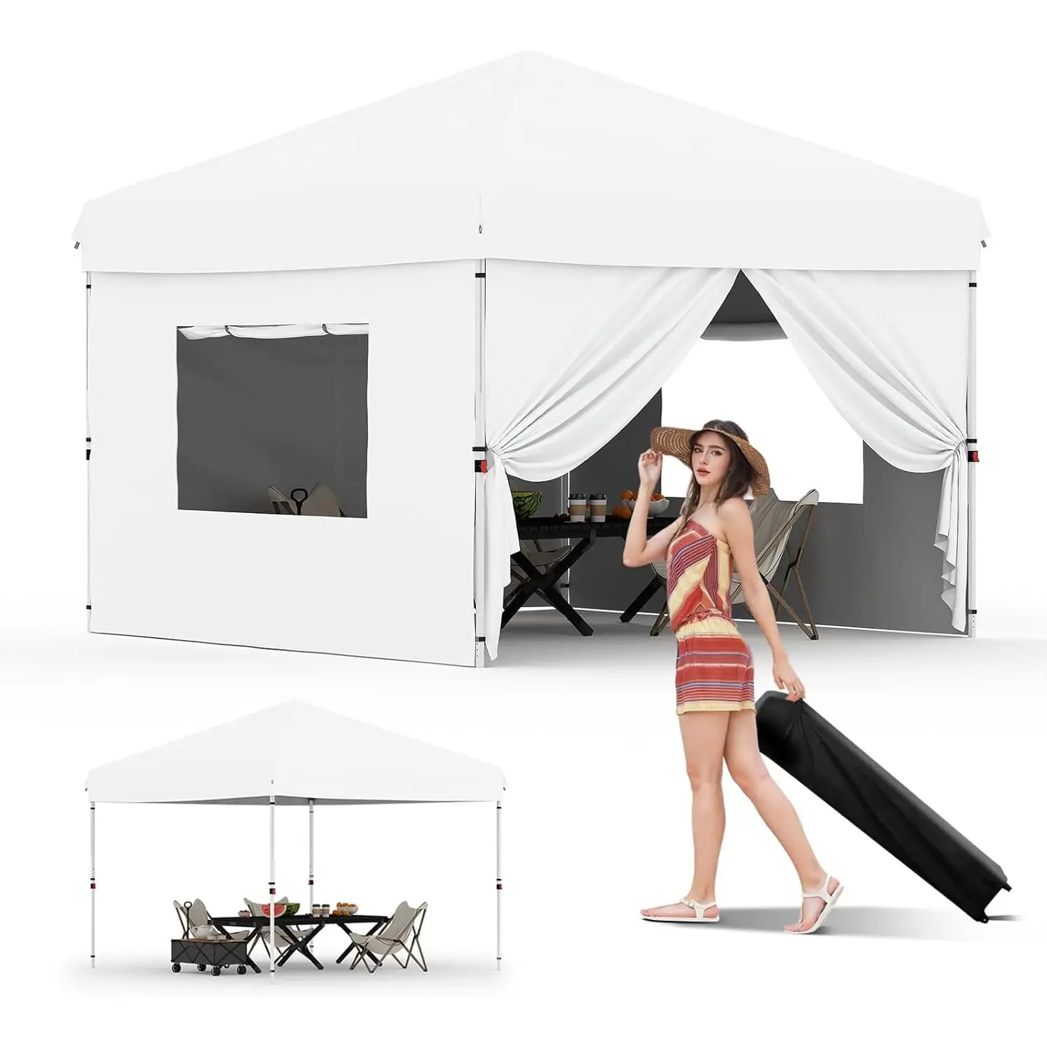 10'X10' 210D Oxford Pop Up Canopy Tent - 4 Removable Sidewalls, Portable Carry Bag, Instant Setup, 4 Stakes & Ropes, and 4 Sandbags for Stability