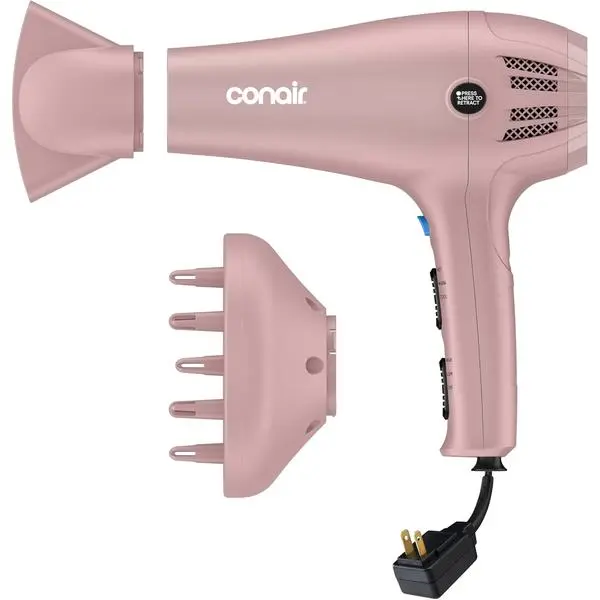 Conair Hair Dryer with Diffuser & Concentrator, 1875W, Matte Light Pink | Blow dryer with ionic tourmaline technology, 3 heat settings, and 2 speed options to efficiently style all hair types