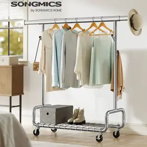 SONGMICS Clothes Rack, Heavy-Duty Rolling Clothing Garment Rack with Wheels, Extendable Hanging Rod and Adjustable Height, Portable, with Shelf and Hooks