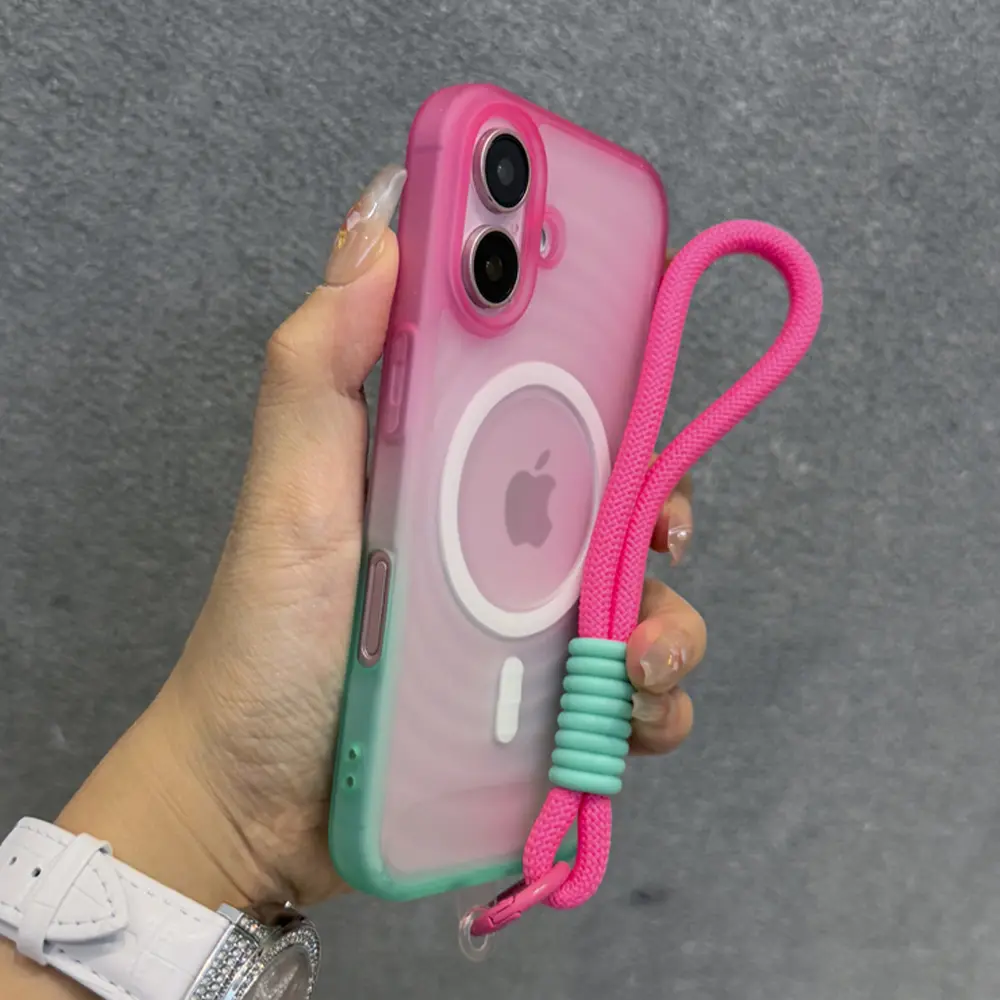 Luxury With Lanyard Water Ripple For Magsafe Phone Case For iPhone 17 14 13 15 16 Pro Max Air Matte Translucent Back Cover