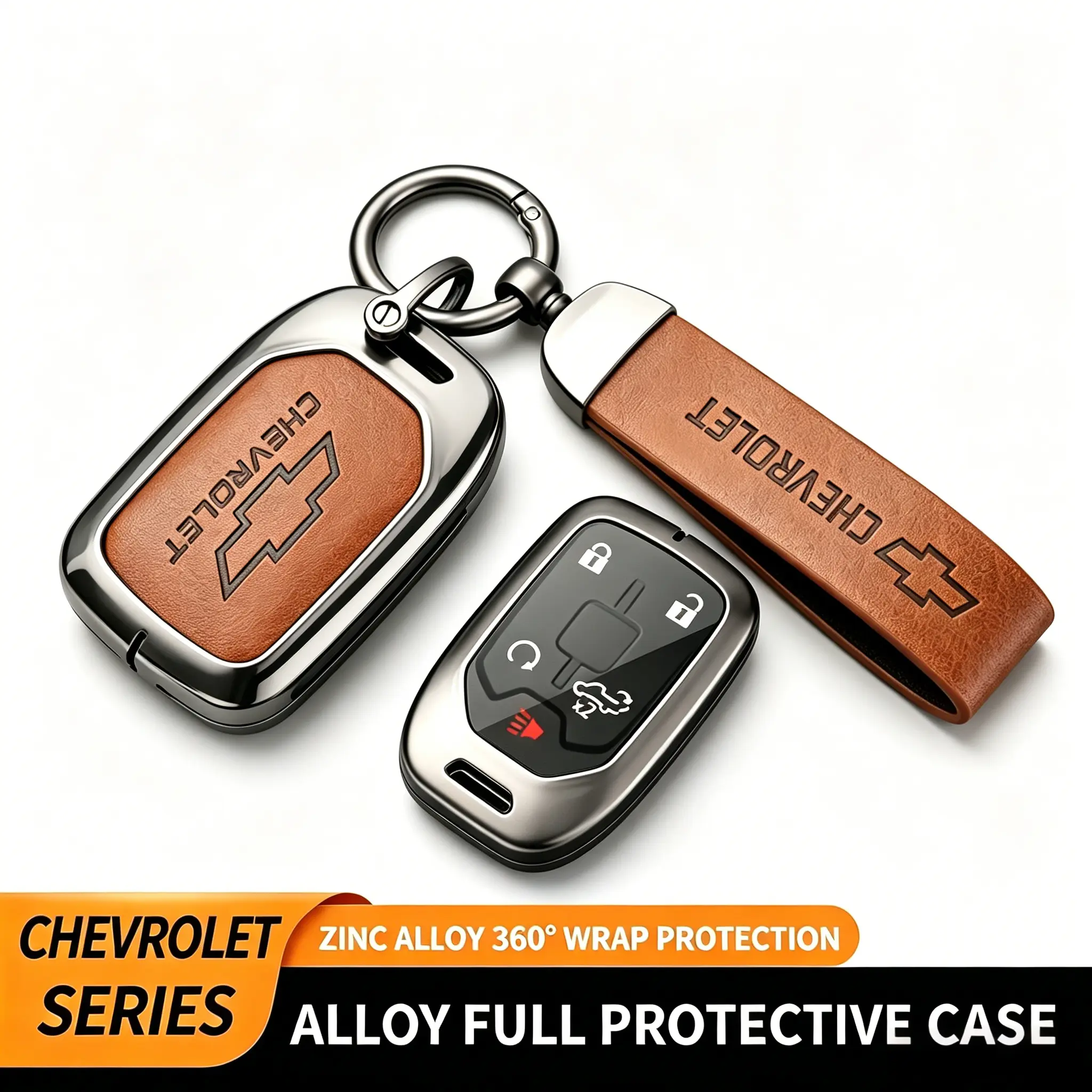 Sturdy Zinc Alloy Full Wrap Car Key Case with Logos for Chevrolet Chevy Silverado 2019-2022 5-Button Keyless Entry Smart Remote Control, Anti-Scratch Protection Cover
