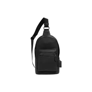 COACH West 20 Crossbody Bag for Men – Embossed Logo Pebbled Leather Chest Bag, Casual Style, Black