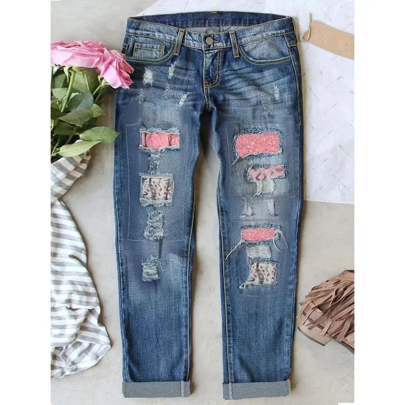 Lady's Plus Size Distressed Retro Fashion Denim Pants - Bottom with Slight Stretch, Random Printed Patchwork, Whiskering, Casual Streetwear for Multi-Season Sports & Outdoor Use, Trouser