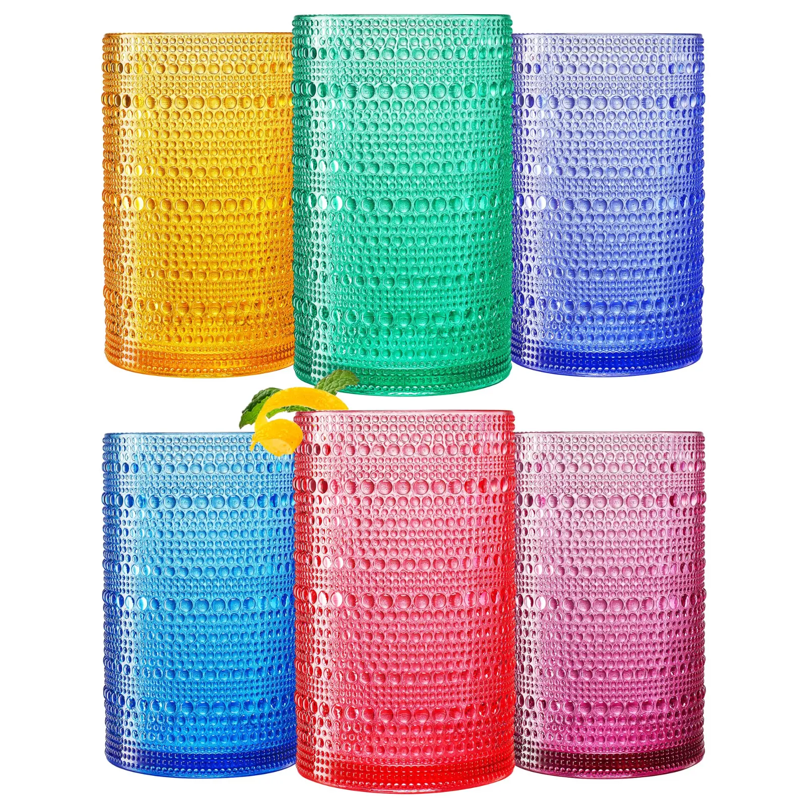 Khen Plastic Hobnail Drinking Highball Glasses Set of 6 Bright Tones Cups 14oz, Shatterproof & Unbreakable Acrylic Beaded Design, BPA-Free, Dishwasher Safe Indoor/Outdoor Drinkware Water, Cocktails