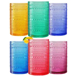 Khen Plastic Hobnail Drinking Highball Glasses Set of 6 Bright Tones Cups 14oz, Shatterproof & Unbreakable Acrylic Beaded Design, BPA-Free, Dishwasher Safe Indoor/Outdoor Drinkware Water, Cocktails