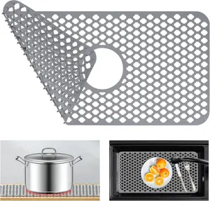 Kitchen Sink Protectors, 24x12 Heat Resistant Mat for Stainless/Porcelain Sink, No-Slip Grid (Grey)