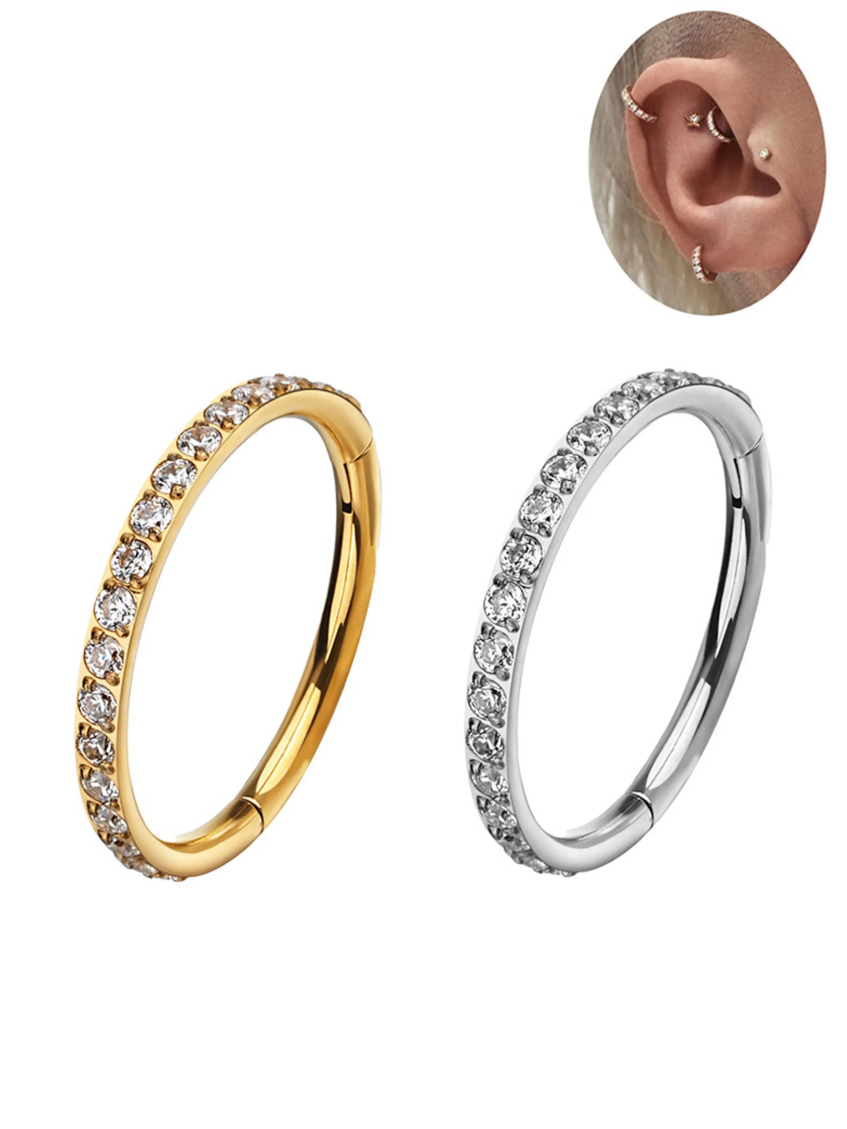 G23 Titanium Side Prong Set, Half Circle Cubic Zircon Nose Clicker, Titanium Nose Hoop, Conch Piercing Jewelry, Available in 8/10mm Sizes, Nose Rings
