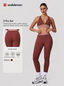 Women's Polka Dot Colorblock Fitness Set, Workout Sets, Workout Sportswear, V Neck Cross Back Sports Bra, Elastic Waist, No Front Seam, Butt Lifting, High Waisted Yoga Pants, Two Piece